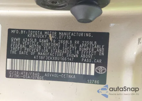 2011 Toyota Camry Le z USA, uszkodzony, nr VIN 4T1BF3EKXBU166147